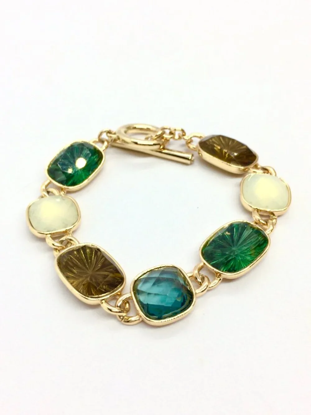 VINTAGE ANNE KLEIN Bracelet Green Brown Opaline Toggle Gold Tone